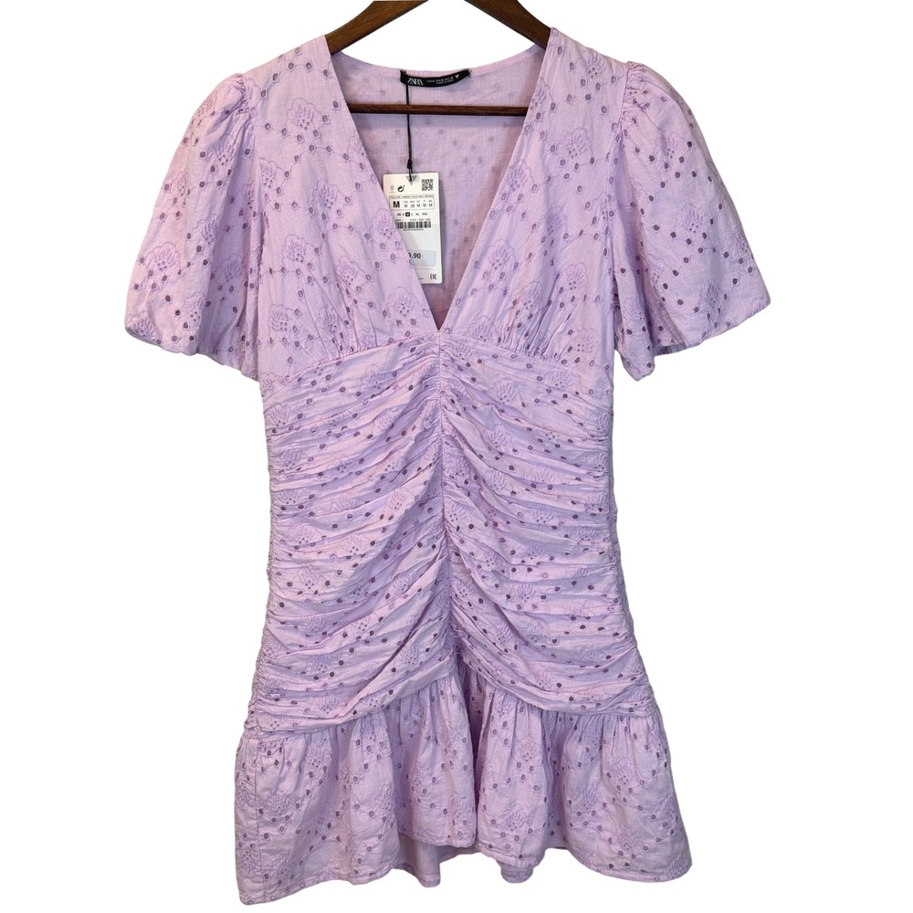 NWT‎ Zara Embroidered Eyelet Ruffled Short Dress Size Medium Lilac